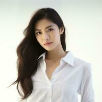 ung asiatisk kvinna i vit kostym ai genererad foto