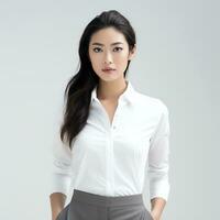 ung asiatisk kvinna i vit kostym ai genererad foto