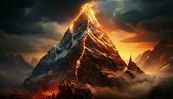en berg med moln och brand i de himmel ai genererad foto