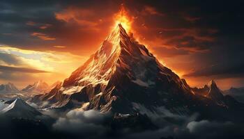 en berg topp med orange moln och en solnedgång ai genererad foto