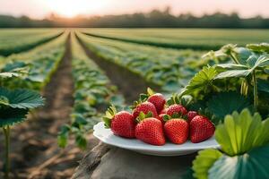 färsk jordgubb på tallrik med jordgubb fält bakgrund förbi ai generativ foto