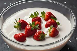 jordgubb frukt flytande i mjölk, yoghurt förbi ai generativ foto