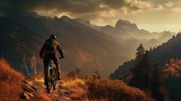 generativ ai, berg cykling man ridning på cykel i bergen skog landskap, cyklist foto