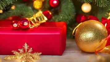 röd jul gåva låda och grannlåt på bakgrund gyllene lampor ai generativ foto