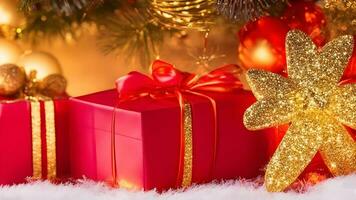 röd jul gåva låda och grannlåt på bakgrund gyllene lampor ai generativ foto