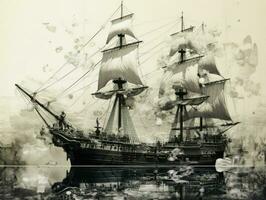 gammal segling fartyg på hav, hand dragen illlustration i de gravyr stil, ai genererad foto