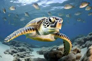sköldpadda närbild med skola av fisk. ai genererad foto