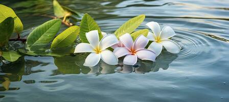 plumeria blommor på grön blad flytande på vatten. en fredlig och lugn scen med en Rör av natur och skönhet. ai genererad foto