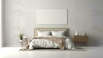 minimalistisk säng dubbel- ai genererad ram attrapp sovrum foto