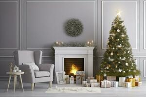 modern levande rum med öppen spis, jul träd, gåva lådor och fåtölj. ai genererad foto