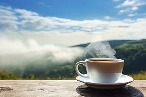 varm kaffe med rök i de morgon- under blå himmel. ai genererad foto