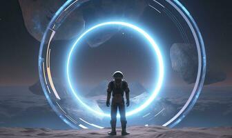 astronaut i främre av dimensionell portal. ai genererad. foto