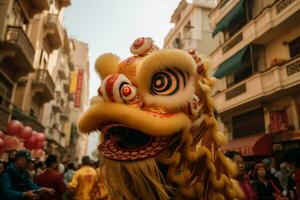 lunar ny år parad med invecklat designad traditionell drake och lejon dansa kostymer generativ ai foto