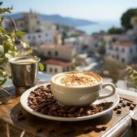 kopp av kaffe med grekisk panorama för frukost , genererad förbi ai foto