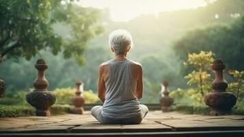 senior kvinna håller på med yoga med de grön natur i solnedgång. generativ ai. foto