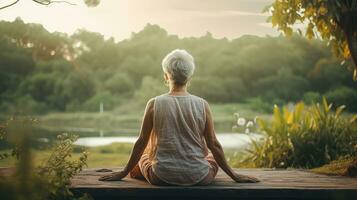 senior kvinna håller på med yoga med de grön natur i solnedgång. generativ ai. foto