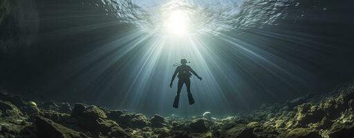 under vattnet man med dykning redskap och dykning hjälm. ai genererad foto
