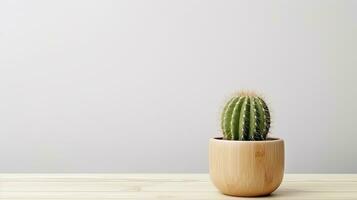 en kaktus växt på en trä- tabell mot en vit vägg. ai genererad foto