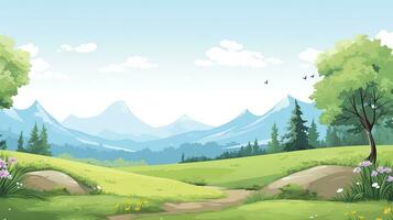 tecknad serie natur landskap med berg och blå himmel bakgrund. ai genererad foto
