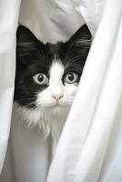 svart och vit katt kikar från Bakom ridå. nyfiken kattdjur ögonblick. ai genererad foto
