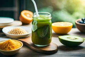 en glas av grön juice med frukt och grönsaker. ai-genererad foto