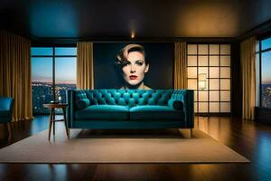 en levande rum med en blå soffa och en stor målning. ai-genererad foto