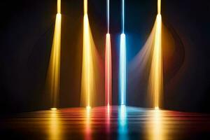 en grupp av färgrik lampor i en mörk rum. ai-genererad foto