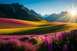 de Sol lyser på en fält av lila blommor i de berg. ai-genererad foto