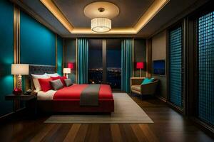 en sovrum med en röd säng och blå väggar. ai-genererad foto