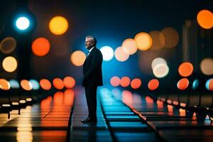 en man i en kostym står på en tåg Spår på natt. ai-genererad foto