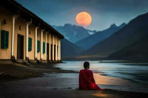 en munk sitter på de Strand av en sjö med en full måne i de bakgrund. ai-genererad foto