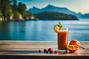 en glas av orange juice med bär och en berg i de bakgrund. ai-genererad foto