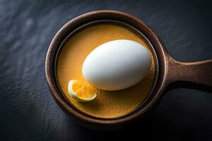 ett ägg är i en skål med orange skivor. ai-genererad foto
