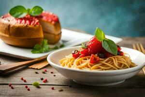spaghetti med tomat sås och basilika löv i en vit skål på en trä- tabell. ai-genererad foto