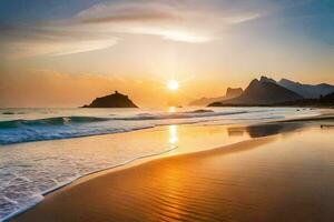 de Sol stiger över de hav och bergen i detta skön strand. ai-genererad foto