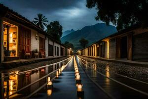 en lång, smal gata med ljus belyst upp i de regn. ai-genererad foto