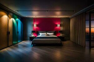 en sovrum med en säng och färgrik belysning. ai-genererad foto