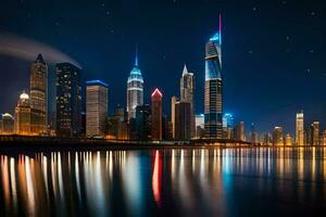 de chicago horisont på natt. ai-genererad foto