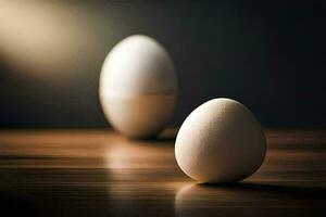 två ägg på en tabell med en ljus Bakom dem. ai-genererad foto