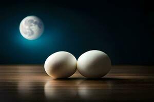 två ägg på en tabell med en full måne i de bakgrund. ai-genererad foto