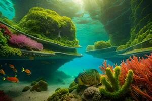 ett under vattnet scen med korall och fisk. ai-genererad foto