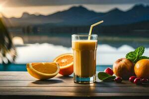 en glas av orange juice med frukt och en sugrör. ai-genererad foto