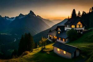 en hus sitter på en sluttning på solnedgång. ai-genererad foto