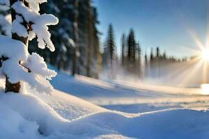 snö täckt träd och de Sol lysande genom de träd. ai-genererad foto