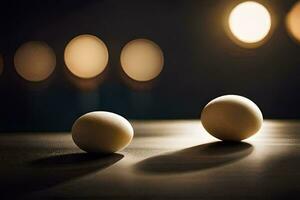 två vit ägg på en tabell i främre av en ljus. ai-genererad foto