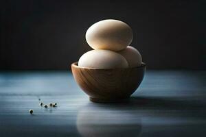 tre ägg i en trä- skål på en tabell. ai-genererad foto