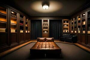 en rum med en läder ottoman och bokhyllor. ai-genererad foto