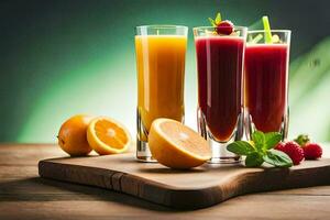 tre glasögon av juice med frukt och bär. ai-genererad foto