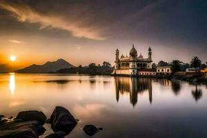 de Sol uppsättningar över en moské i Indien. ai-genererad foto