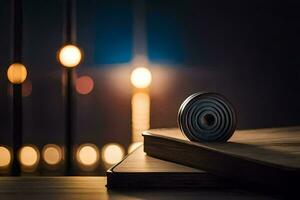 en bok med en ljus Glödlampa på topp av Det. ai-genererad foto